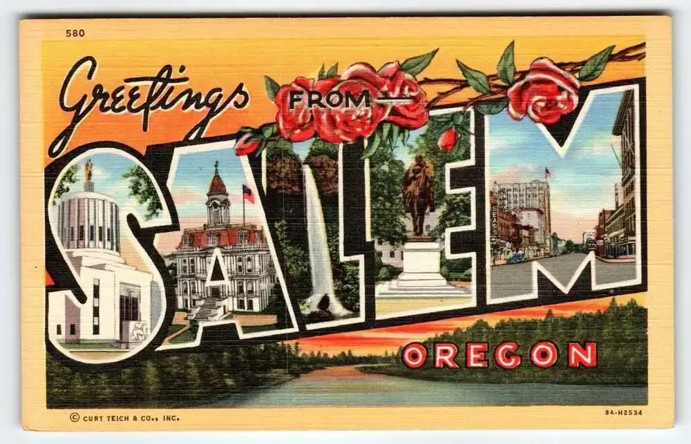 Greetings From Salem Oregon 1940's Roses Large Letter Postcard Linen Curt Teich